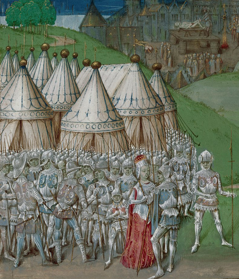 15th-century manuscript illustration depicting Roger Mortimer and Queen Isabella in the foreground. Background: Hugh Despenser the Younger on the scaffold, being emasculated.